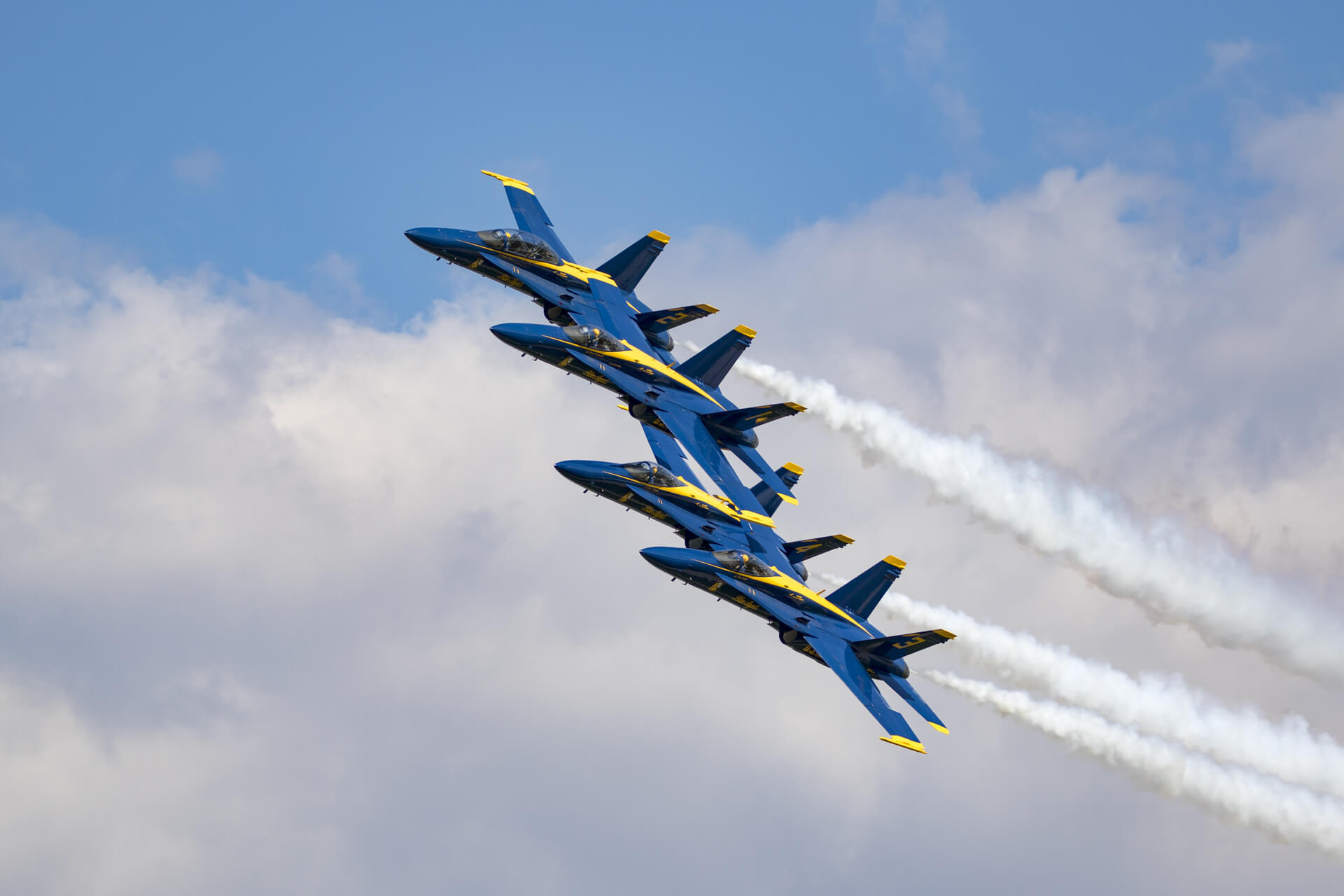 U.S. Navy Flight Demonstration Squadron demonstrate a mid-air huddle.