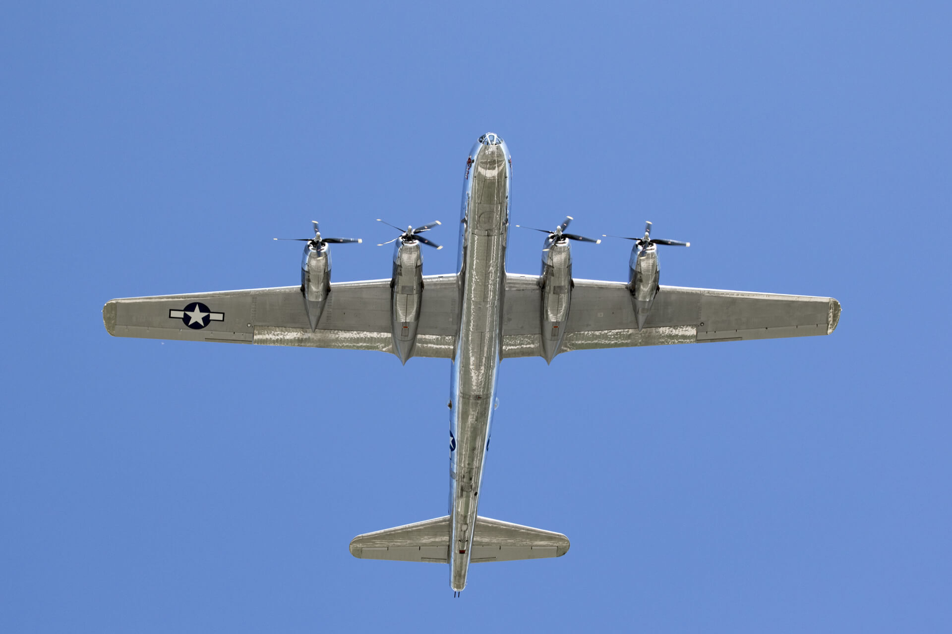 Doc, a B-29 Superfortress, showing off his shiny belly.